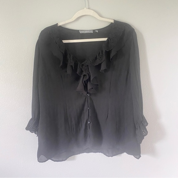 NY Collection Tops - NY collection black blouse women’s size L eyelet ruffle lace mesh whimsygoth